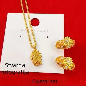 Ženski set narukvice i ogrlice u zlatnoj nijansi, s cvjetnim brokatnim motivom, elegantan dojam laganog luksuza, novi kinesko-klasični stil