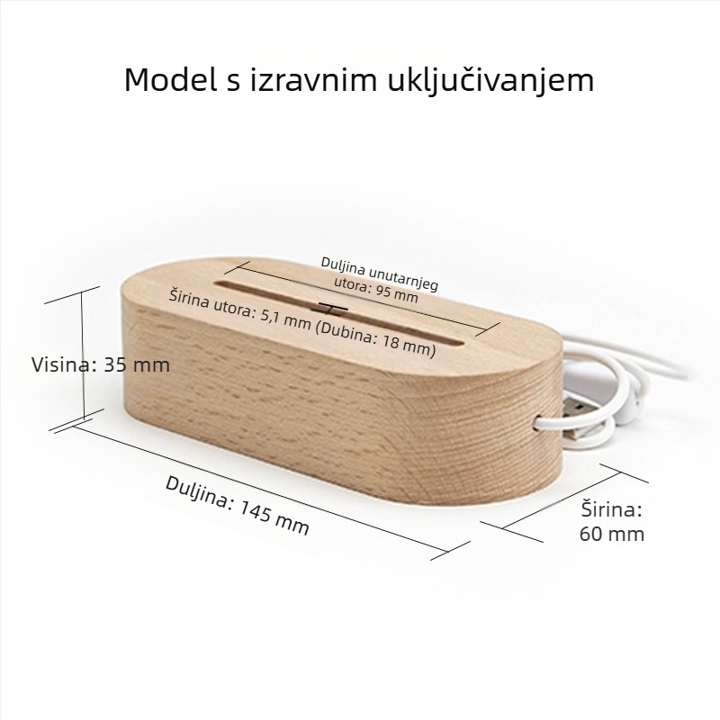 Drvena svijetleća osnova za lampe, ovalni akrilni držač lampe, USB priključak