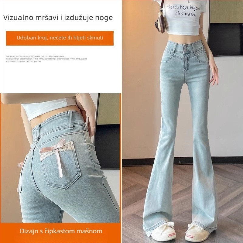 Džinsi za žene s plus veličinom, svijetli denim, visokim strukom, podižu bokove, blago široke nogavice, s mašnicom