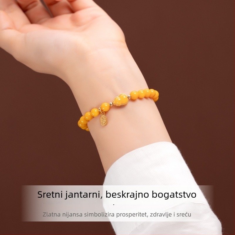 Ženski narukvica od prirodnog pčelinjeg voska, žuto jantarne kuglice u obliku tikve, žuti ruski jadeit, novi kineski stil dizajna