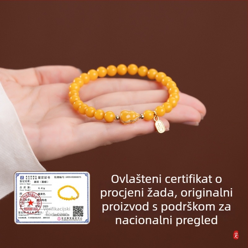 Ženski narukvica od prirodnog pčelinjeg voska, žuto jantarne kuglice u obliku tikve, žuti ruski jadeit, novi kineski stil dizajna