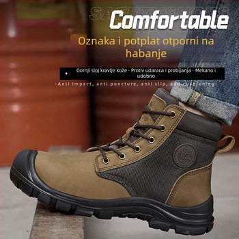 Muške sigurnosne cipele za rad, gornjište od kože prvog sloja, čelični nos, srednje visoke, sve sezone, otporne na udarce, probijanje i habanje