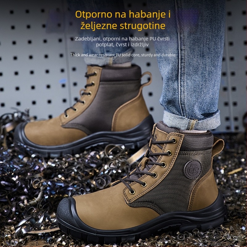 Muške sigurnosne cipele za rad, gornjište od kože prvog sloja, čelični nos, srednje visoke, sve sezone, otporne na udarce, probijanje i habanje