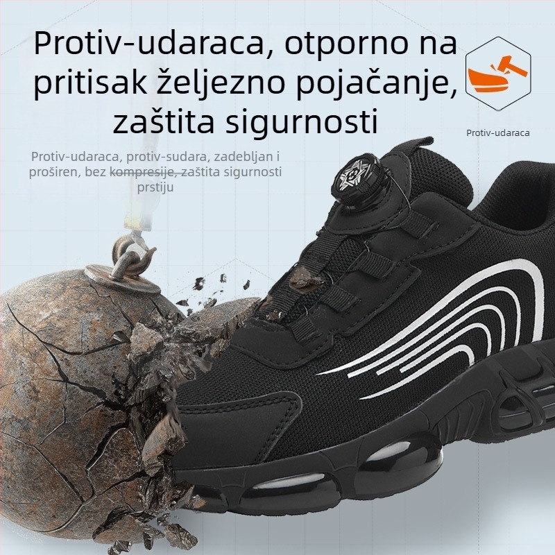 Muške crne cipele za zaštitu s Fly-Knit gornjim dijelom, lagane i prozračne, bez vezica, otporne na udarce i probijanje za gradilište