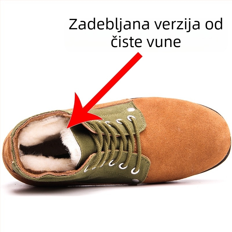 Zeleni muški retro zimski čizmi s okruglim vrhom, topla vunena izolacija, gumeni potplat, vojni stil