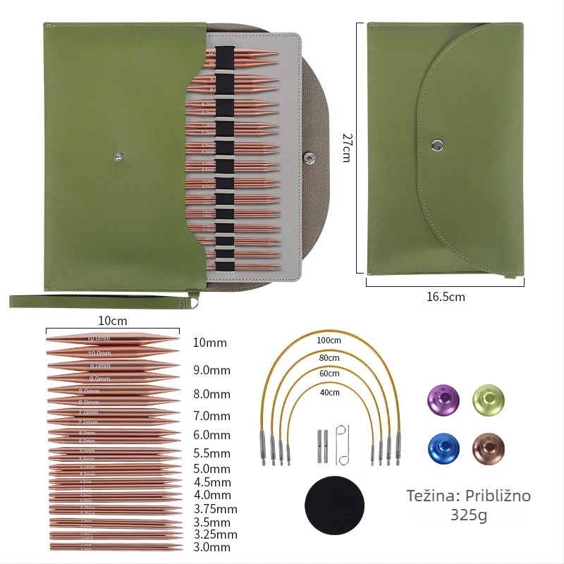 Set kružnih igala za pletenje, ružičasto zlat, s odvojivim i zamjenjivim kabelima te U‑oblikim vrhovima