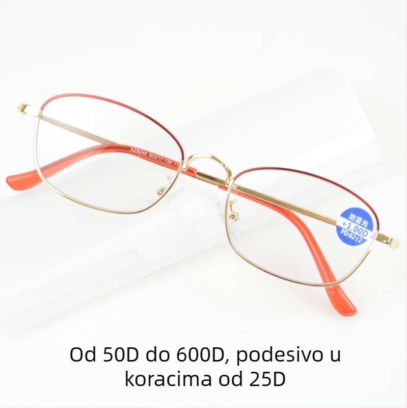 Ženske čitačke naočale s zaštitom od plavog svjetla, moderan metalni okvir, udobne čitačke naočale s punim okvirom, 50-600° i 25°