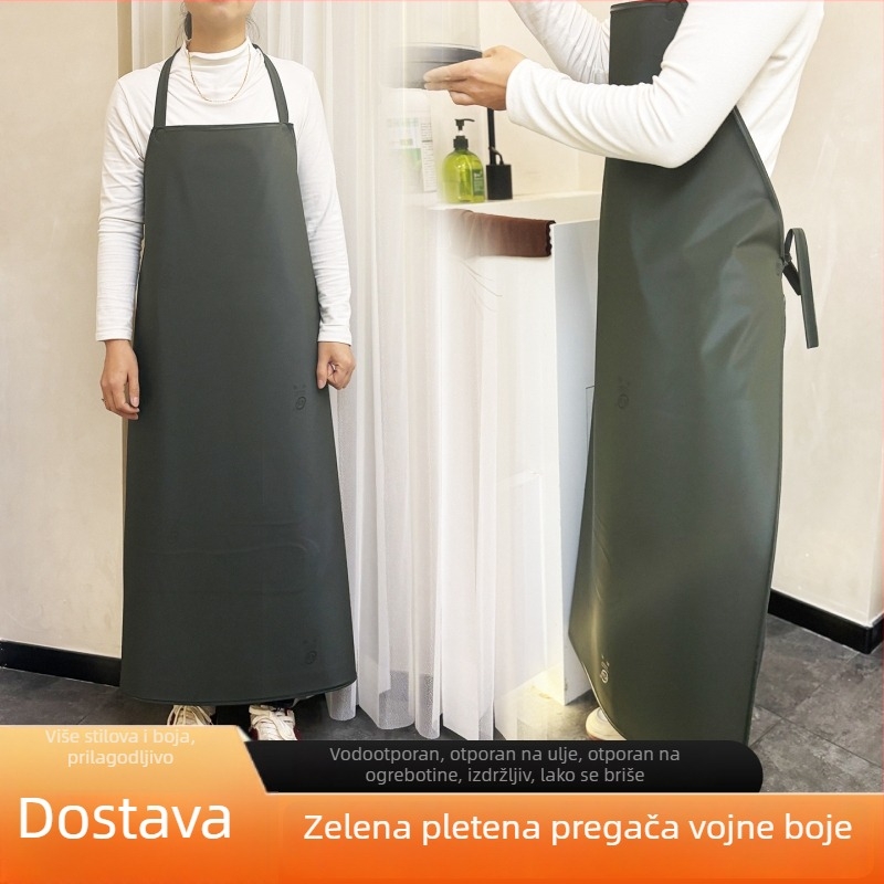 Pregača za kuhinju od pletene tkanine, vojnozelene boje, debela i produžena, vodootporna i otporna na ulja, unisex bez rukava