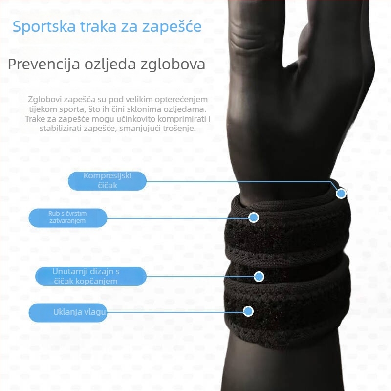 Steznik za zglob s dvostrukim remenom, podesiv, prozračan TFCC zaštita, za badminton i tenis
