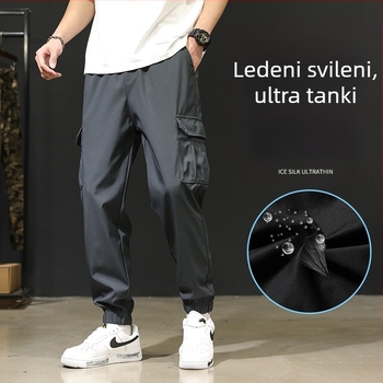 Muške ljetne tanke radničke hlače od Ice Silk materijala, slobodan kroj, plus veličina, skraćene hlače s manžetom na gležnjevima