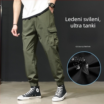 Muške ljetne tanke radničke hlače od Ice Silk materijala, slobodan kroj, plus veličina, skraćene hlače s manžetom na gležnjevima