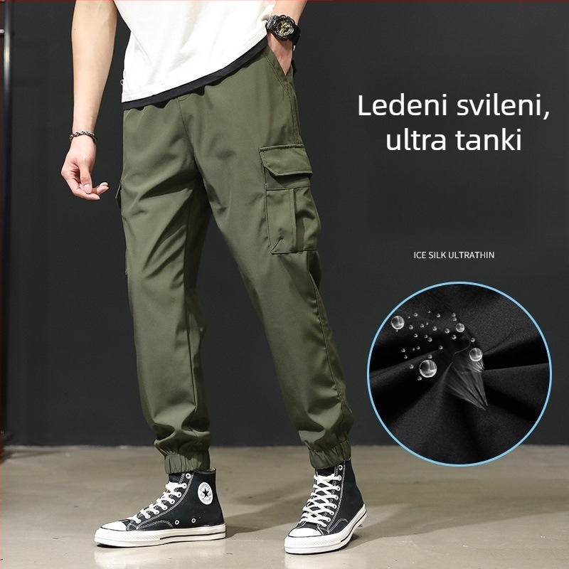 Muške ljetne tanke radničke hlače od Ice Silk materijala, slobodan kroj, plus veličina, skraćene hlače s manžetom na gležnjevima