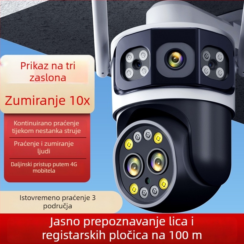 HD sustav kućnog nadzora s bežičnim kamerama za unutrašnje i vanjske prostore, zaslon s tri zaslona, 360° noćna vizija i pristup putem mobilnog