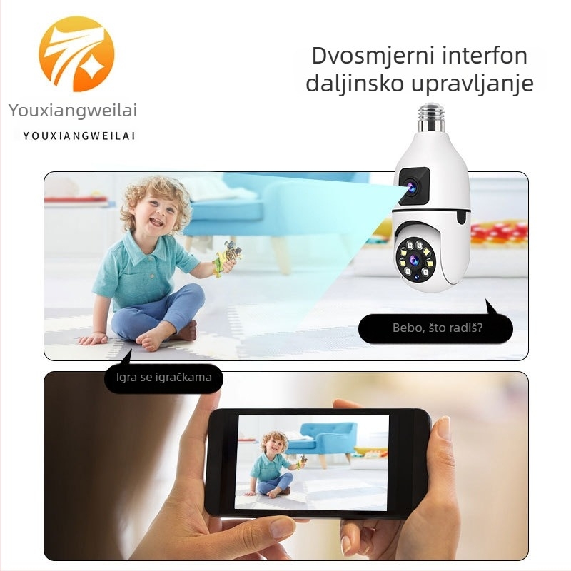 Unutarnja kamera u obliku žarulje s dvostrukim objektivom, bežična, dvostruki prikaz, 1080p u boji, noćni vid, 360° pokrivenost