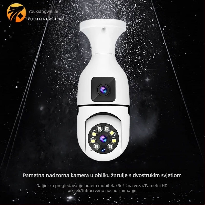 Unutarnja kamera u obliku žarulje s dvostrukim objektivom, bežična, dvostruki prikaz, 1080p u boji, noćni vid, 360° pokrivenost