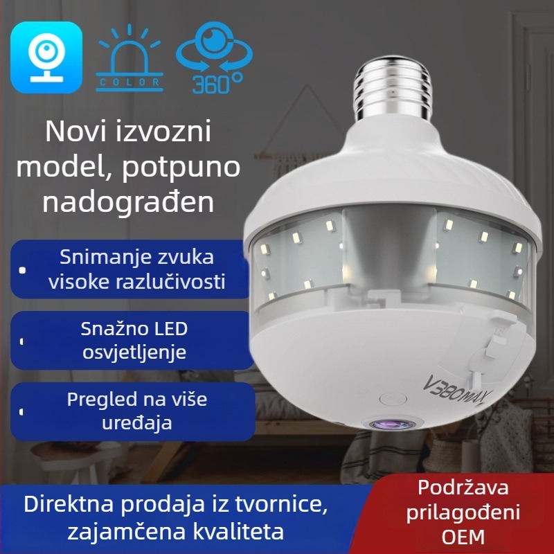 V380 Unutarnja kamera za nadzor s panoramskim VR fisheye objektivom, bežična mreža, noćni prikaz u boji, HD monitor