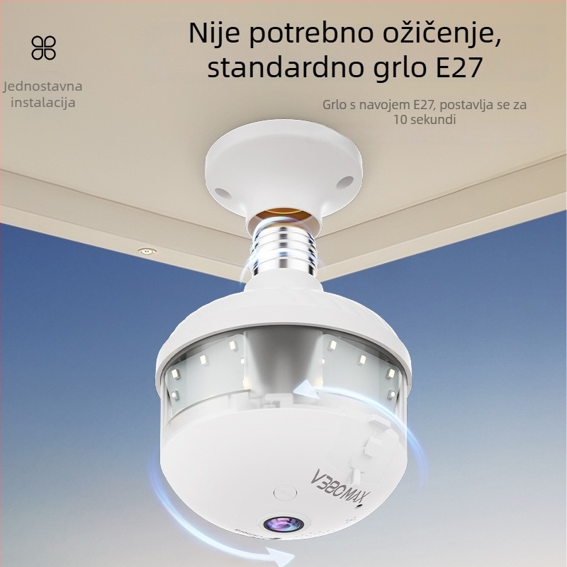 V380 Unutarnja kamera za nadzor s panoramskim VR fisheye objektivom, bežična mreža, noćni prikaz u boji, HD monitor