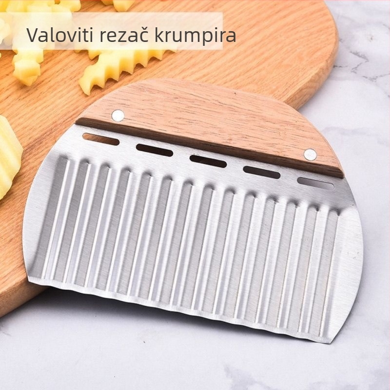 Kuhinjski rezač za krumpire s drvenom drškom i valovitom oštricom od nehrđajućeg čelika, višenamjenski rezač povrća