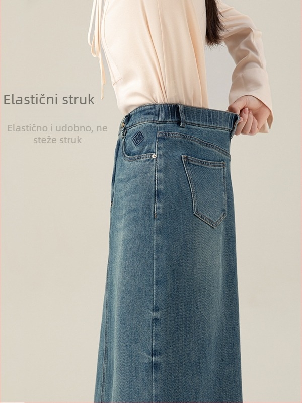 Ženska Lyocell-denim midi suknja sa stražnjim prorezom, visokim pojasom, vintage tijesnog kroja