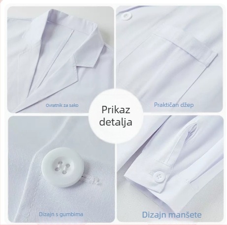 Unisex bijeli liječnički kaput XXL, dugi rukavi, slobodan kroj, pamuk-poliester tkanina