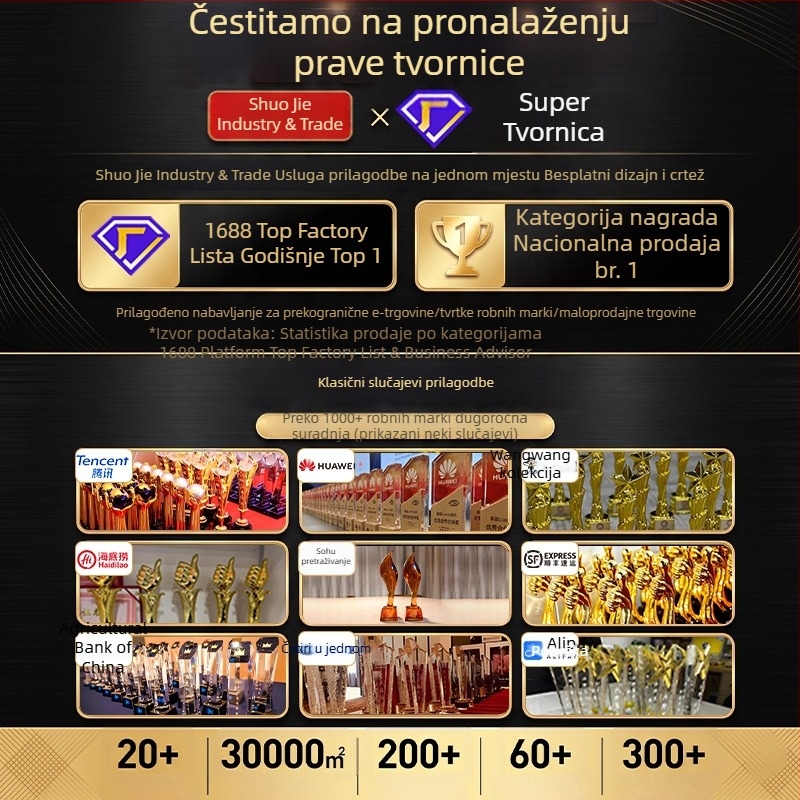 Kristalni trofej za godišnje nagrade i natjecanja — geometrijski oblik, moderni minimalistički dizajn, prilagođeni logo