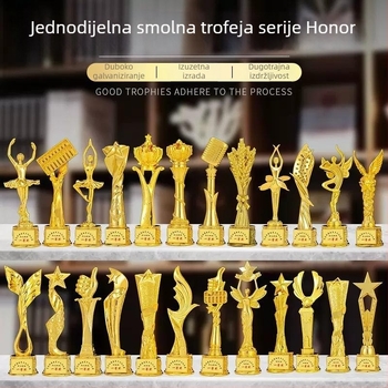 Zlatno lakirani trofej od smole za dječji ples i školsko glazbeno natjecanje, s motivom zlatog božanstva mikrofona