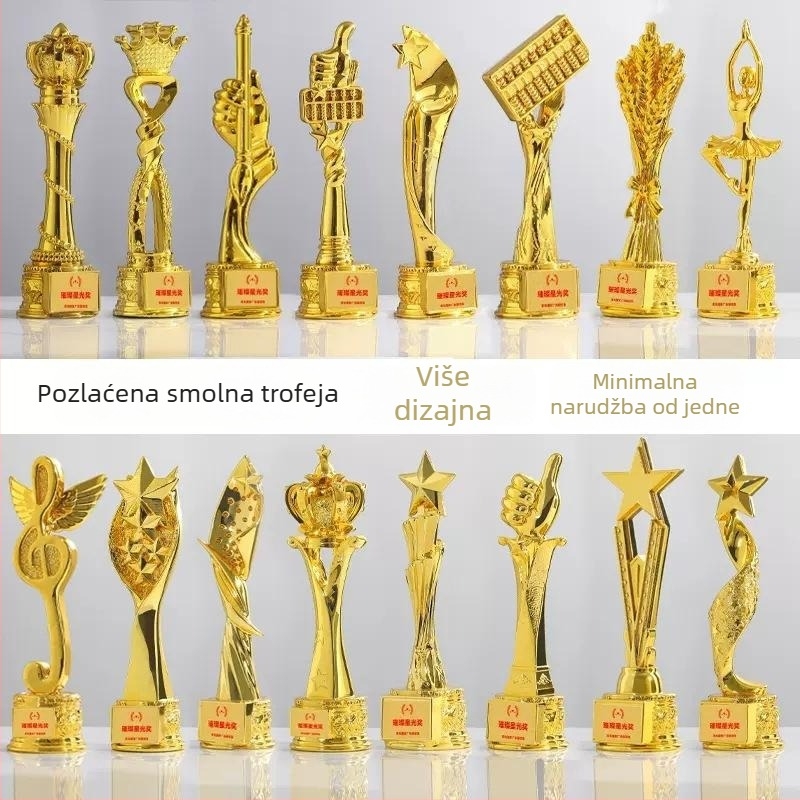 Zlatno lakirani trofej od smole za dječji ples i školsko glazbeno natjecanje, s motivom zlatog božanstva mikrofona
