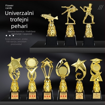 Plastična mala trofeja, zlatnog sjaja, trofeja s logotipom tiskanim folijom