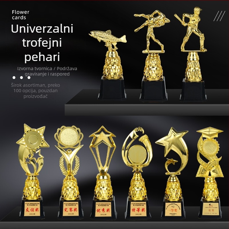 Plastična mala trofeja, zlatnog sjaja, trofeja s logotipom tiskanim folijom