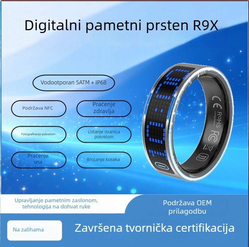 Inteligentni prsten za praćenje srčanog ritma i zdravlja, Bluetooth veza, daljinsko upravljanje i višenamjenski zaslon