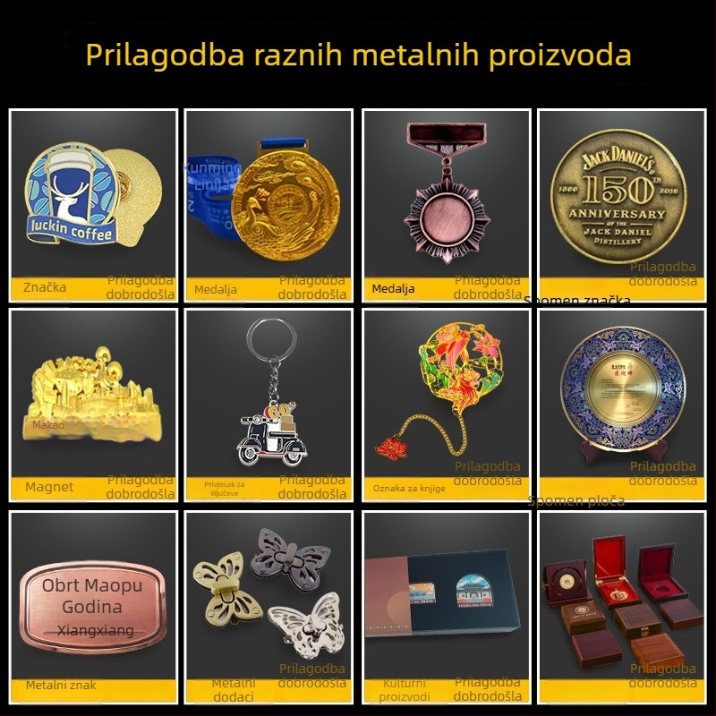 Metalne medalje za sportske događaje: zlatne, srebrne i brončane; medalje za maraton i utrke; prilagodljive