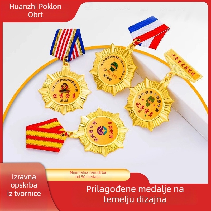 Prilagođene metalne medalje za sportska događanja – maraton i košarku, dječja medalja s petokrakom zvijezdom, pozlaćena završna obrada