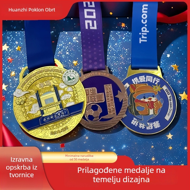 Prilagođene metalne medalje za sportska događanja – maraton i košarku, dječja medalja s petokrakom zvijezdom, pozlaćena završna obrada