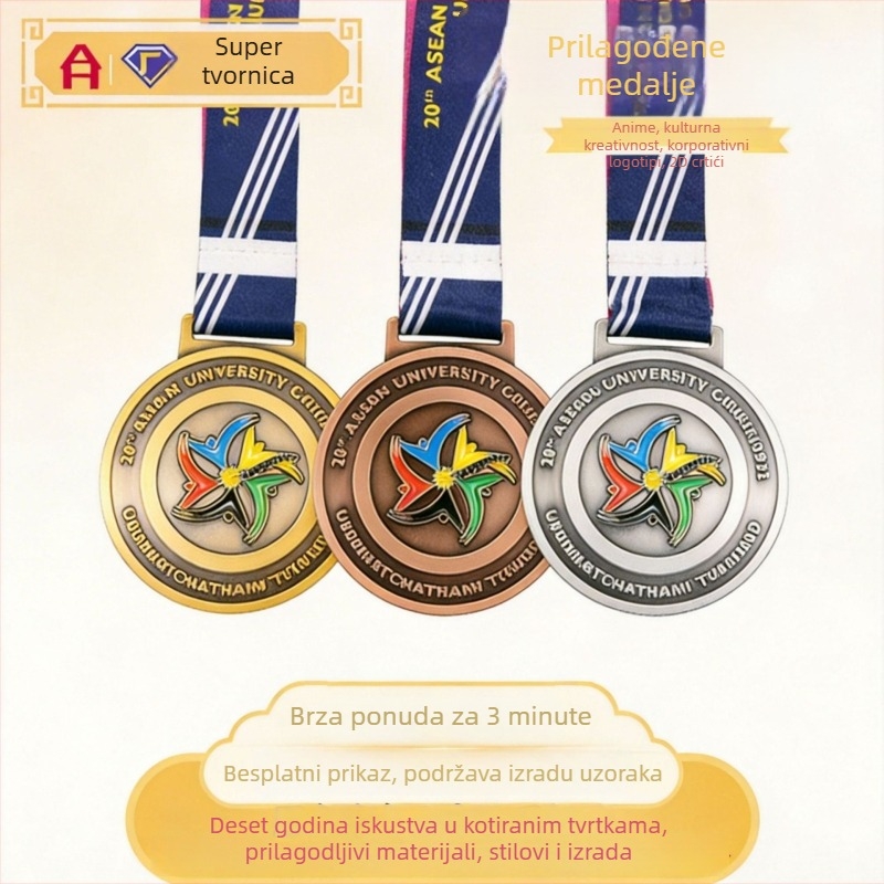 Metalna medalja za sport: Maraton i Taekwondo, cinkova legura, pozlaćena, prilagodljiva, veličina 50, težina 80 g