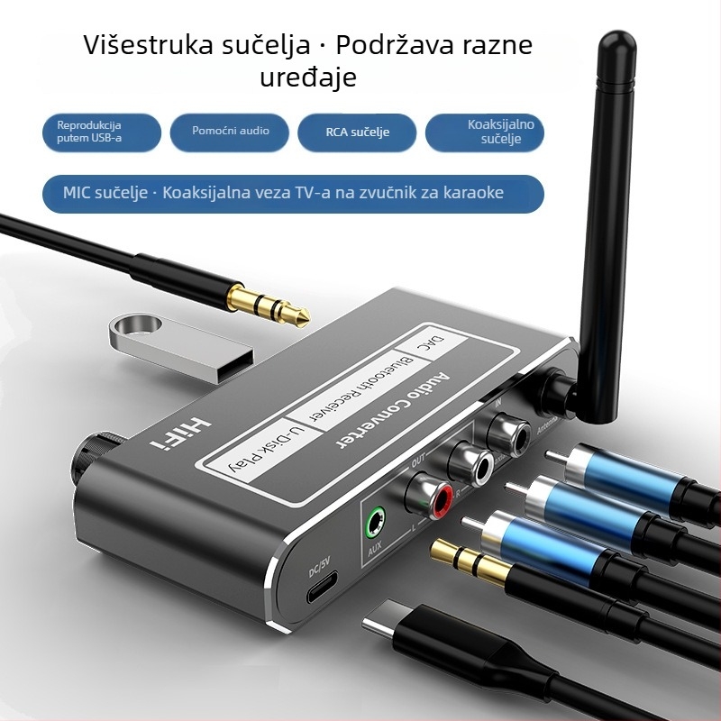Bluetooth 5.2 prijemnik, koaksijalni pretvarač na AUX 3,5 mm, s daljinskim upravljačem, podrška USB flash diska i karaoke mikrofona, model D200