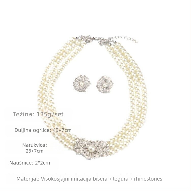 Set bisernih ogrlica, naušnica i narukvice za nevjestu – tri komada, elegantni svadbeni dodaci