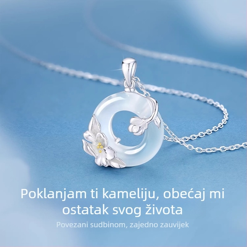 Nakit lanac s cvijetom kamelije, privjesak od imitacijskog jadeita, u srebrnoj boji, 2025 stil, za žene; poklon majci, rođendan ili djevojci