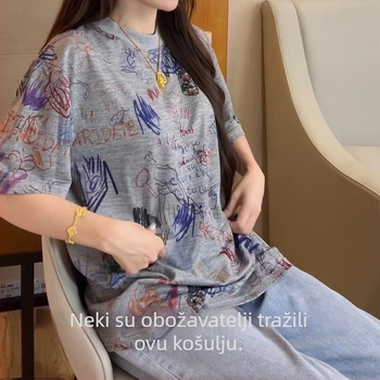 Muški T-shirt s graffiti printom, pamuk, okrugli izrez, kratki rukavi, ležerni kroj, korejski stil, ljeto