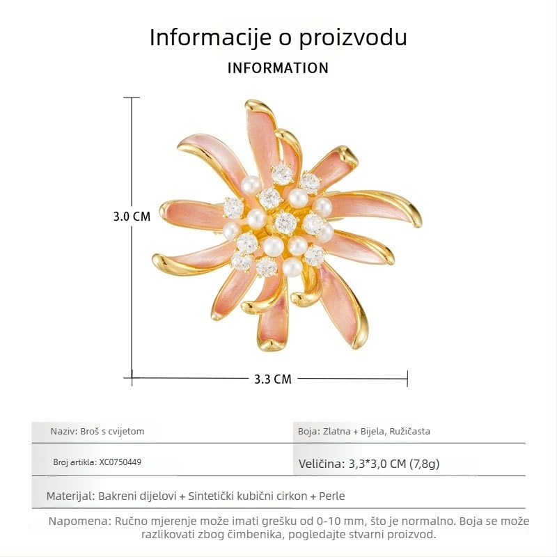Ružičasta broš s cvijetom i kapljicama ulja, elegantan modni dodatak za žene