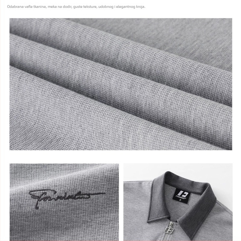 Unisex polo majica s polu-zipom, svijetlosiva, izvezeni natpis slovima, udoban slobodan kroj, plus veličina, moderan streetwear top