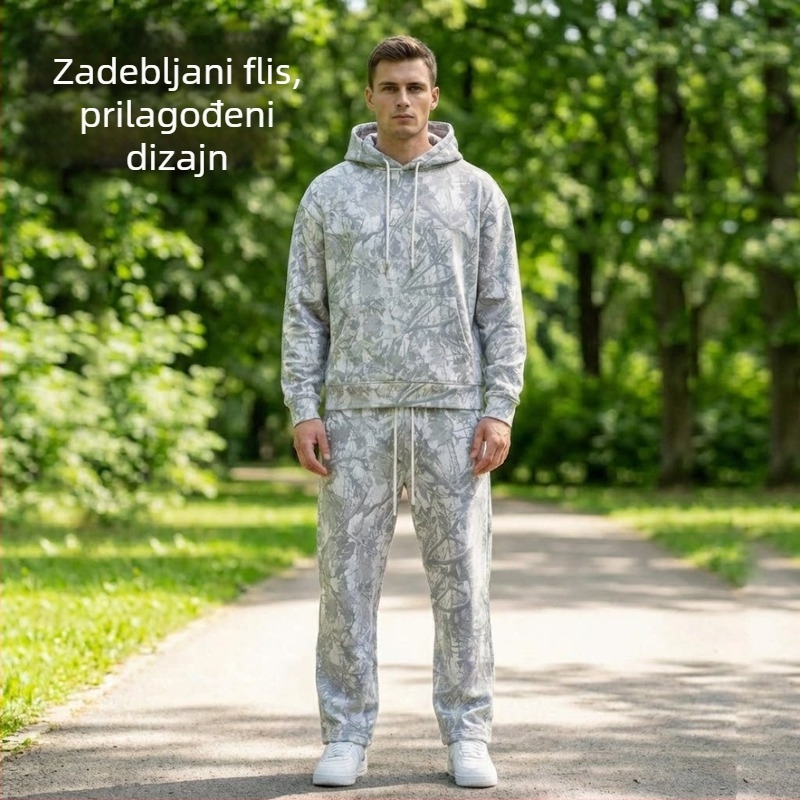 Prilagođeni zimski set s camouflage uzorkom i flece podstavom: kapuljača, jakna, hlače i šortsevi – unisex