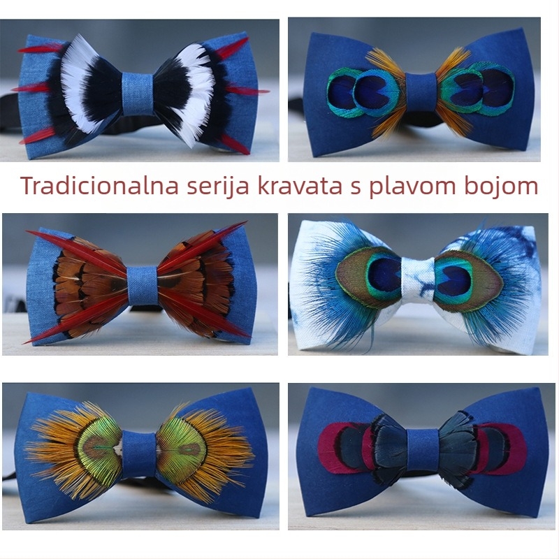 WJ Muška formalna plava lanena leptir-mašna s cvjetnim ovratnikom