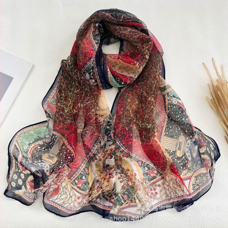 Ženski ljetni šal od umjetne svile, dugi Georgette šal s otisom, 160×50 cm, književno retro stil