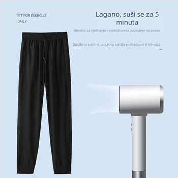 Muške ljetne sportske jogger hlače, crne, od ice silk, brzo se suše, prozračne, s elastičnim pojasom i završnim gumiranim donjim rubom