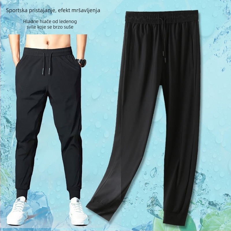 Muške ljetne sportske jogger hlače, crne, od ice silk, brzo se suše, prozračne, s elastičnim pojasom i završnim gumiranim donjim rubom