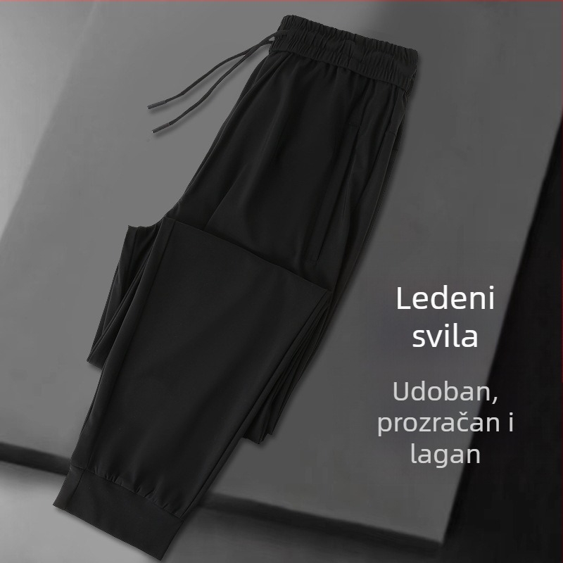 Muške ljetne sportske jogger hlače, crne, od ice silk, brzo se suše, prozračne, s elastičnim pojasom i završnim gumiranim donjim rubom