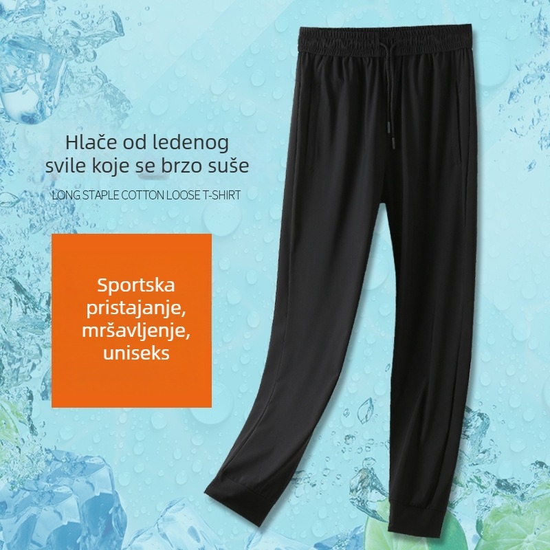 Muške ljetne sportske jogger hlače, crne, od ice silk, brzo se suše, prozračne, s elastičnim pojasom i završnim gumiranim donjim rubom