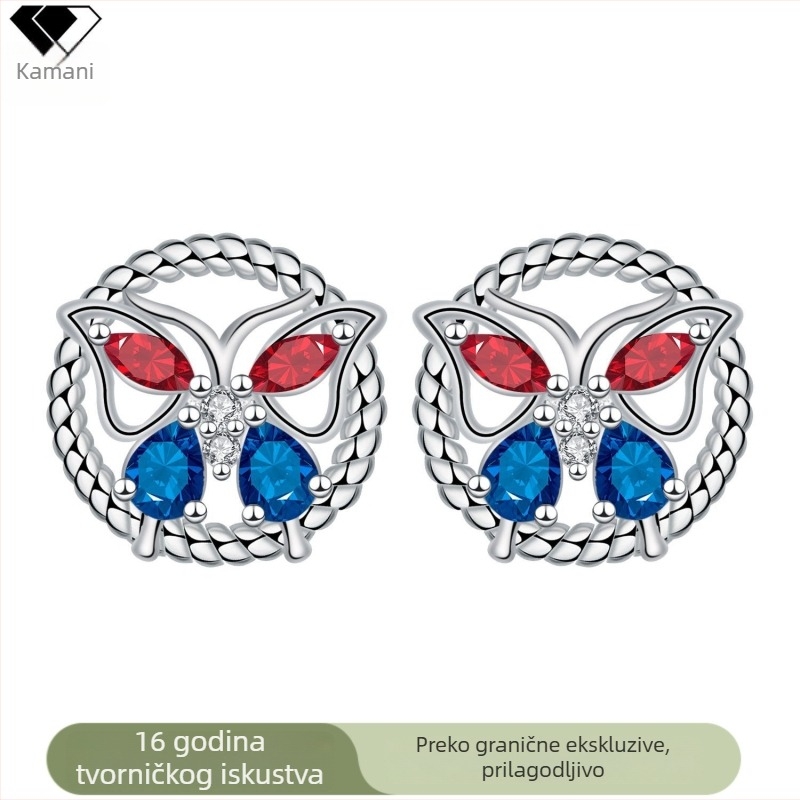 Okrugle naušnice s motivom leptira, uložene ukrase, S925 za žene, elegantan dizajn