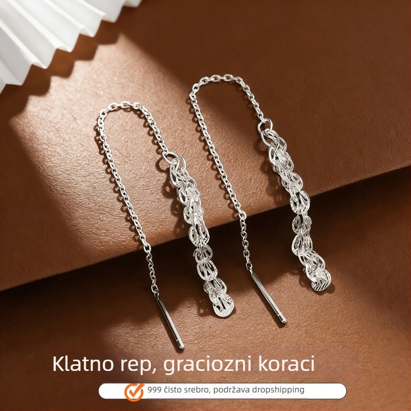 999 srebrne naušnice s kukicom za uho u obliku repa feniksa, dugi resici, korejski stil, minimalistički luksuz