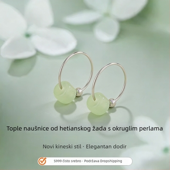 Naušnice od srebra 999 s Hetianskim jadeom za žene – lagani luksuz, visoka kvaliteta, retro kineski stil, minimalistični kružni naušnice